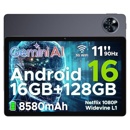 DOOGEE U11 Android 16 Tablets with Gemini AI, 11 Inch Tablet, 16GB+128GB/2TB, 8580mAh, 90 Hz Gaming Tablet, Octa Core Android Tablets, 5G WiFi | Widevine L1 | Face ID | 13MP+5MP | OTG | GPS - Gray