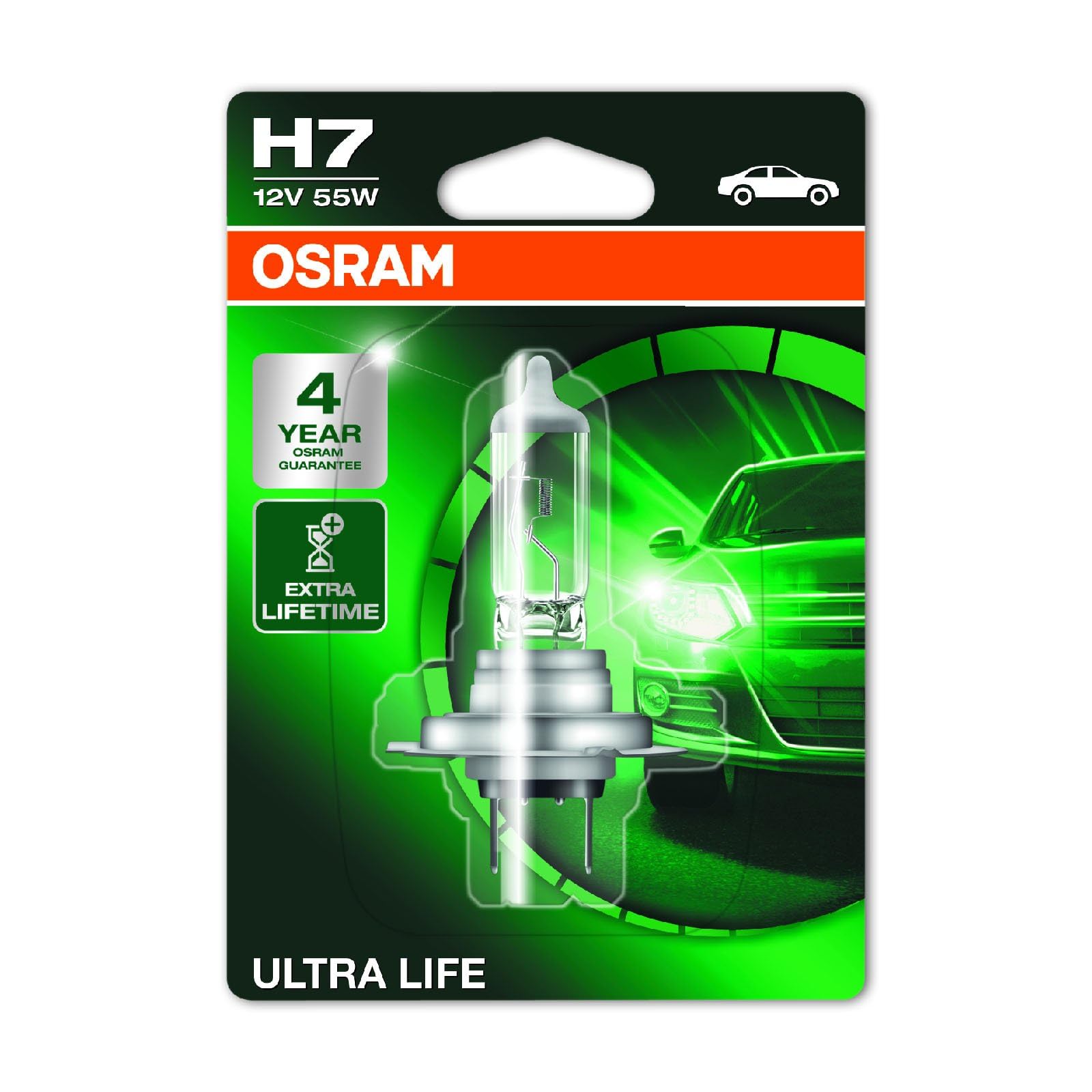 OSRAM ULTRA LIFE H7, halogen headlamp, 64210ULT-01B, single blister (1 unit), orange