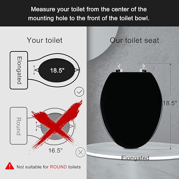 BLACK ELONGATED TOILET SEAT NATURAL WOOD TOILET SEAT WITH ZINC ALLOY HINGES, EASY TO INSTALL ALSO EASY TO CLEAN, SCRATCH RESISTANT TOILET SEAT BY ANGOL SHIOLD (ELONGATED, BLACK)