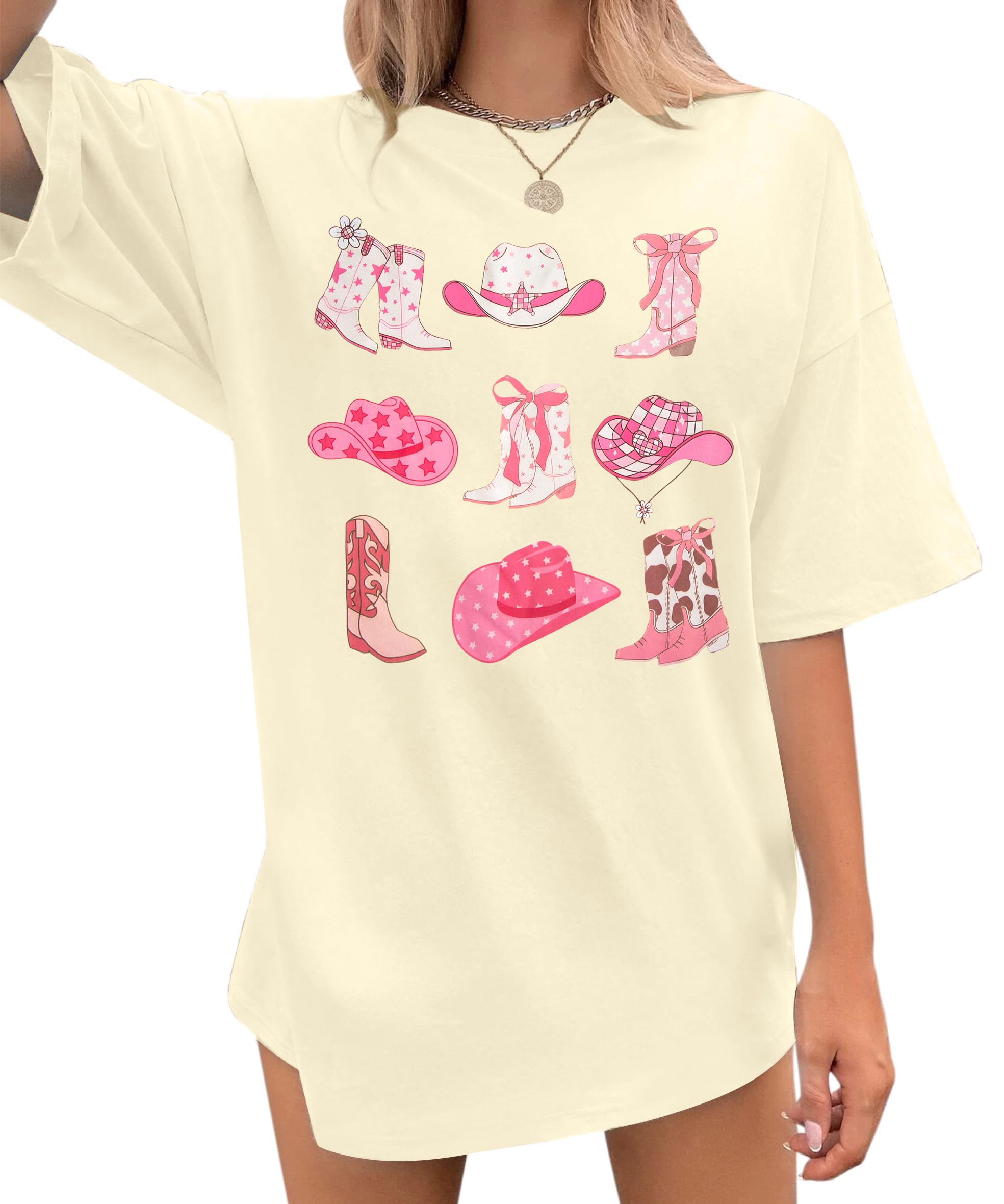 Photo 1 of Cowgirl Pink Boots Shirt Women Oversized Cowgirl Country Music Shirts Women Western Shirts Cowboy Tee Tops medium