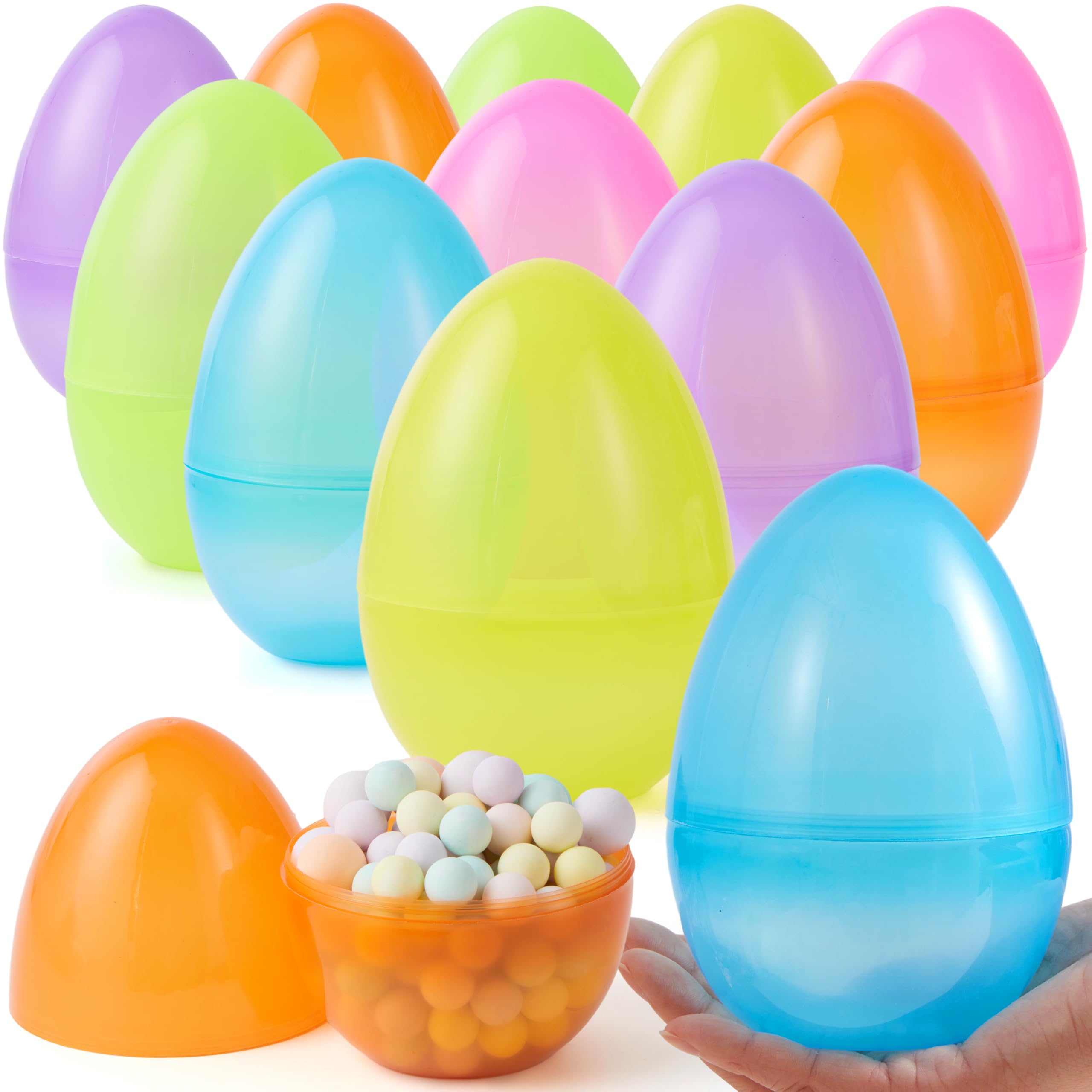 Photo 1 of JOYIN 12 Pcs Large Clear Easter Eggs, 6 Inches Jumbo Plastic Eggs Fillable for Easter Themed Hunt Colorful Basket Stuffers Fillers Filling Treats Party Favor Classroom Prize Supplies