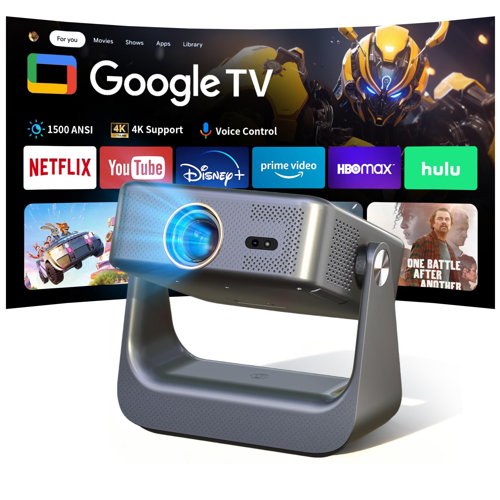 Photo 1 of ?Official Licensed Google TV?Smart Projector with WiFi and Bluetooth, Portable Projector 4K Supported, Native 1080P, 1500 ANSI, Voice Input, Auto Focus, Mini FHD Home Movie Proyector iOS/Android