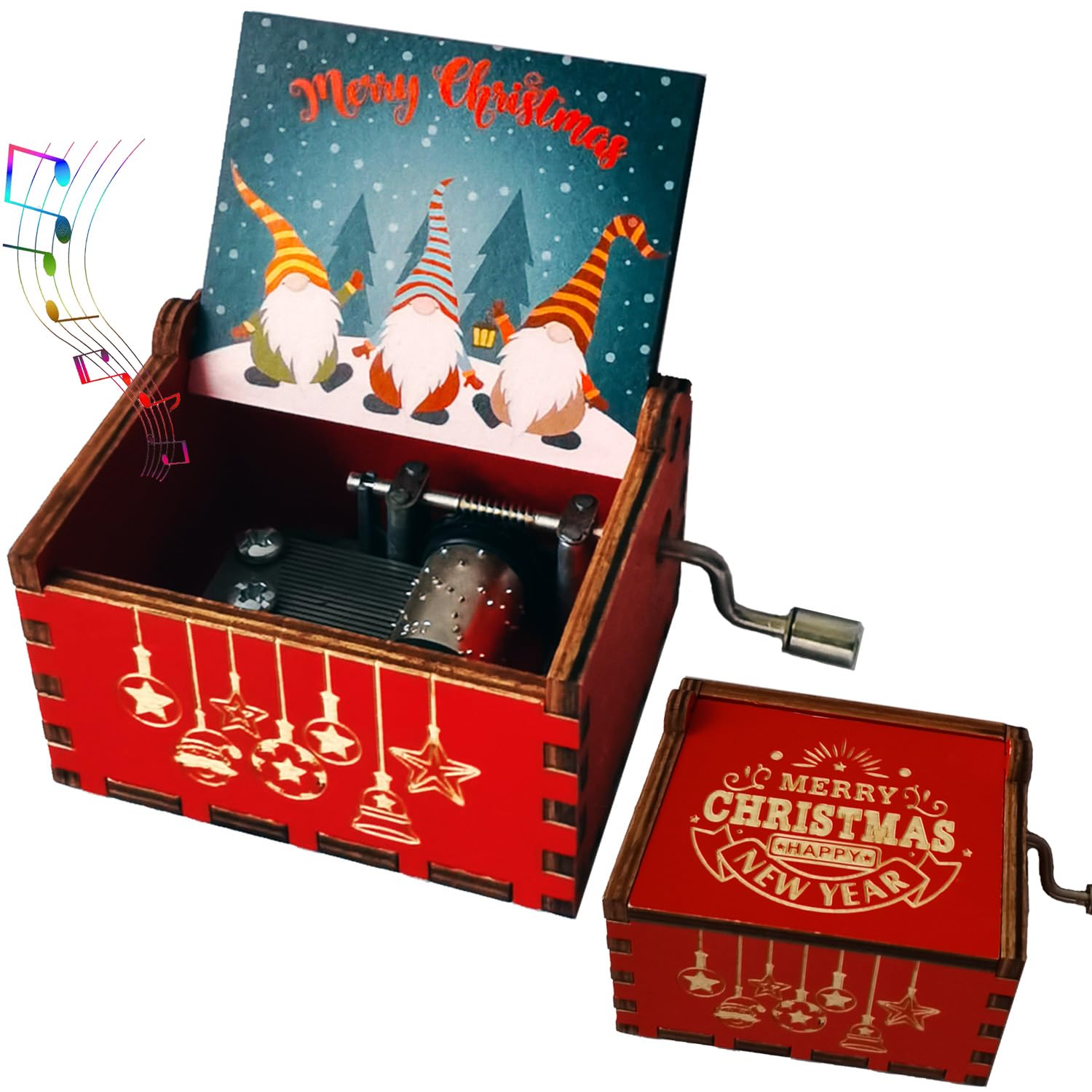 Wooden Merry Christmas Music Box For Daughter,Son,Wife,Dad,Friends,Mum,Husband,Hand Crank Tune Merry Christmas,Engraved Mechanism Wood Musical Box to Boy,Girls on Christmas Day and New Year,Red
