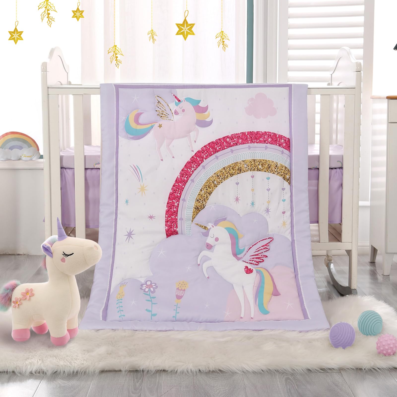 Photo 1 of Wowelife Unicorn Crib Bedding Set 3 Pieces Baby Girl Crib Bed Set Crib Comforter Set for Girls Nursery Bedding Set Purple Include Baby Comforter, Skirt and Sheet, Purple