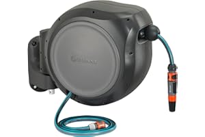 GARDENA (08040) Retractable Garden Hose Reel 50' ft, Wall Mounted, Automatic Retraction & Length Lock for Easy Watering. Heavy Duty Swivel Bracket 180°, Includes Nozzle.