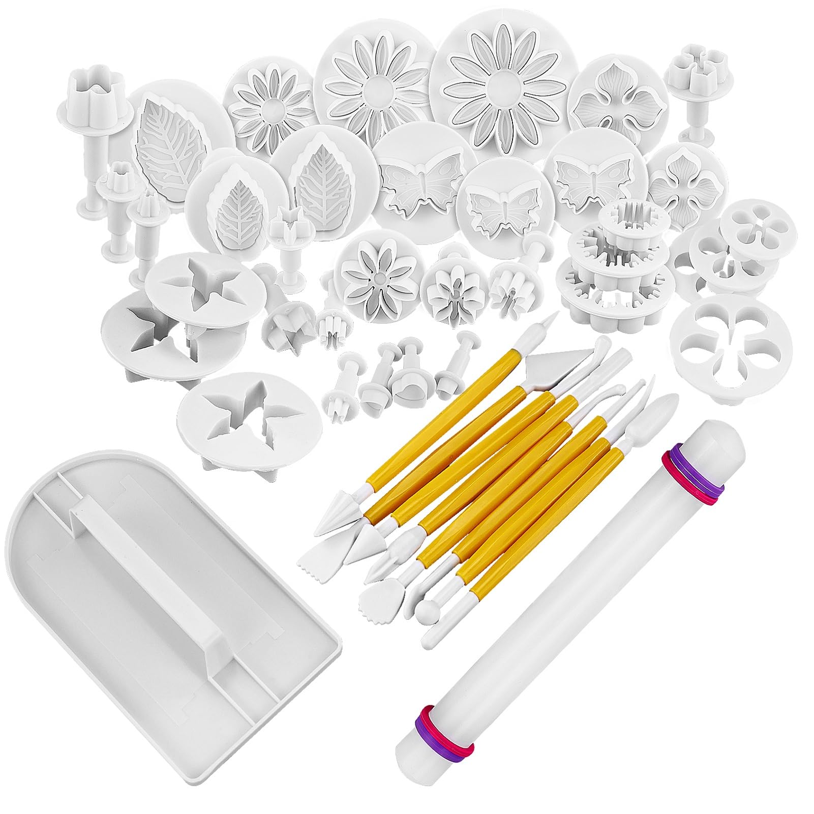 14 Sets (46pcs) Cake Flower Fondant Tools Cake Sugarcraft Decorating Kit Cookie Mould Fonant Icing Plunger Cutters Cake Tools Cake Embossing Tool Set for DIY Cake Decorating