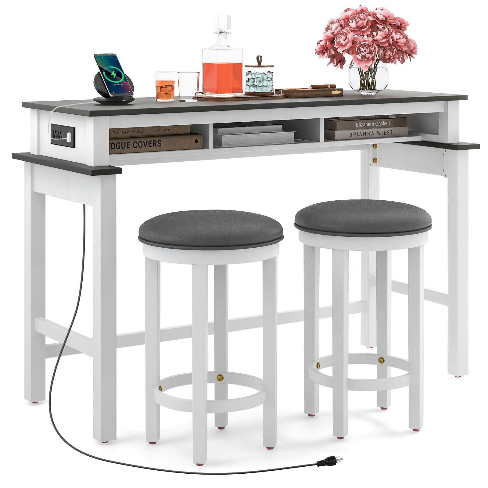 Photo 1 of **STOOLS ONLY**COSTWAY 3 Pieces Bar Table Set with Power Outlet, 36” Counter Height Bar Table with 2 Upholstered Bar Stools, Pub Table Set for Kitchen, Dining Room, Living Room, Small Space (White + Grey)