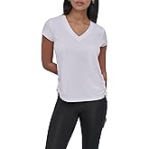 DKNY Women's Short Sleeve V-Neck Tech Ruched Side Seam Active T-Shirt