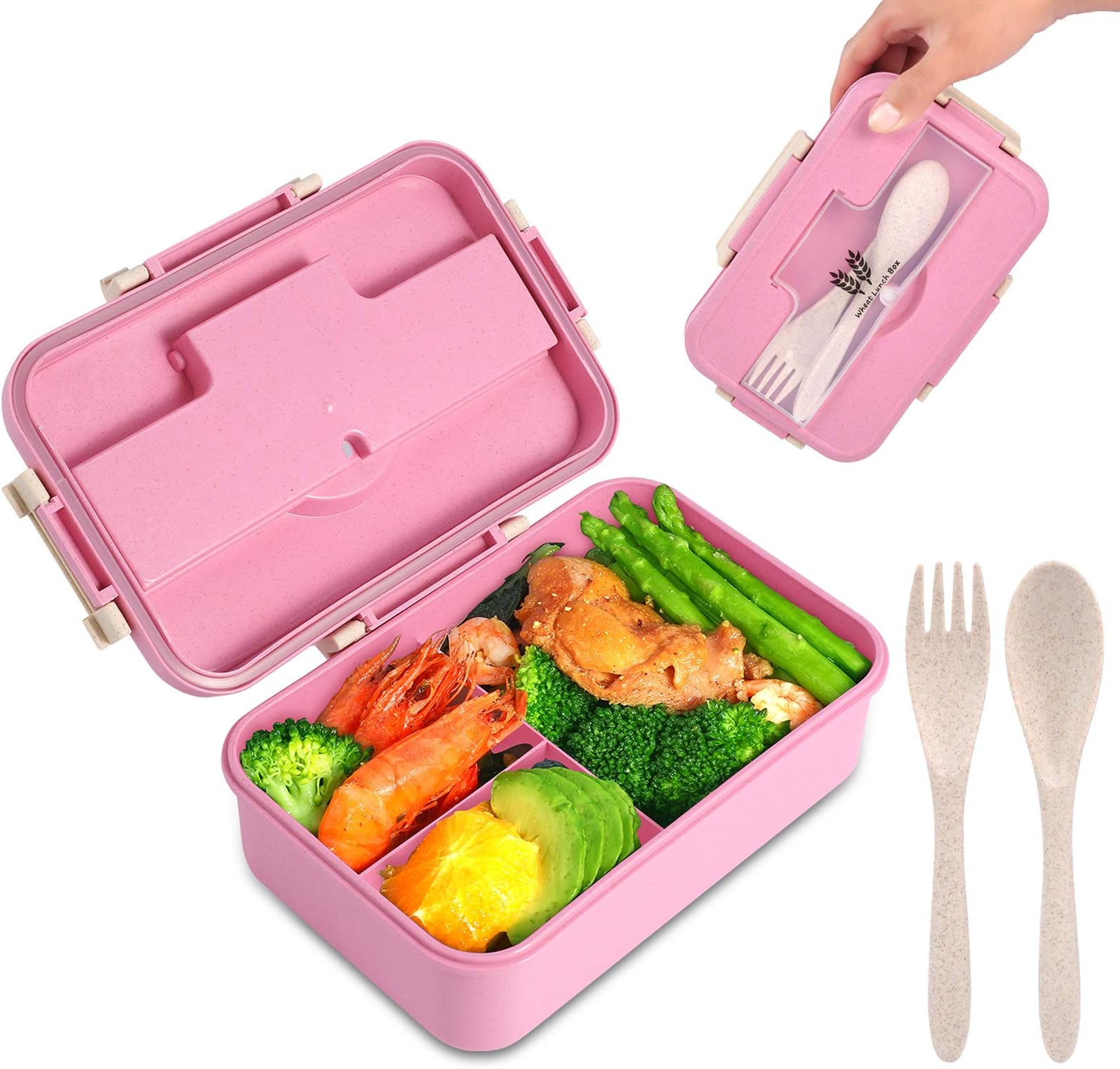 Supplim Bento Box For Kids Adults Lunch Box With 3 Compartment,Wheat Fiber Leak Proof Food Container With Spoon & Fork,1200ML Lunch Boxes Containers for Kids 3+ years old