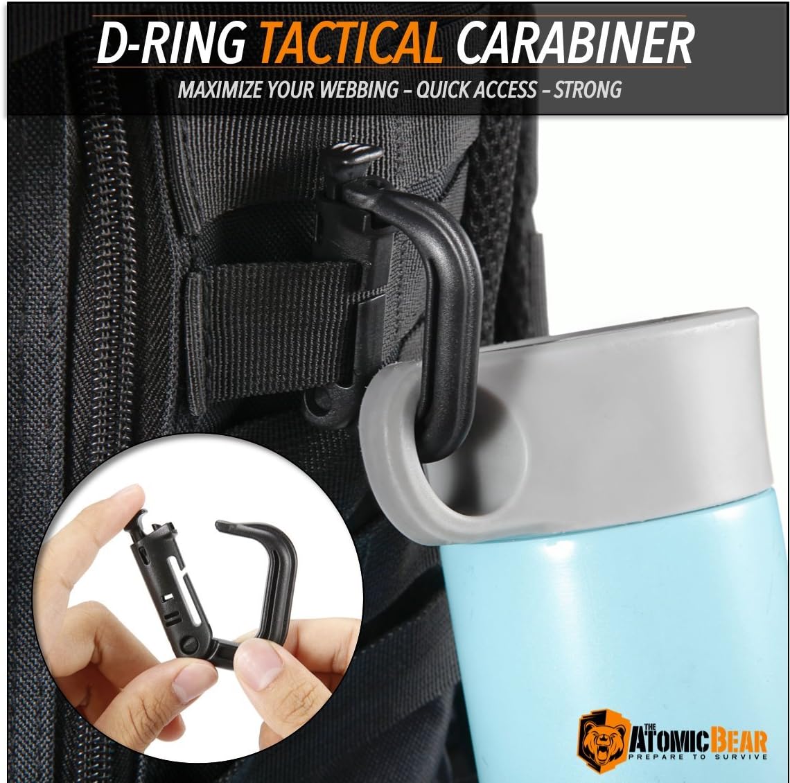 The Atomic Bear Kit of 11 Attachments for 1 inch Molle Webbing Bags, Tactical Backpacks, Tactical Vests – 4 Grimlock D-Ring Carabiner Clips – 4 Molle Elastic Strings – 2 Straps 4” MOD Tac Tie : Sports & Outdoors