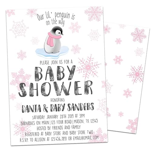 Amazon Com Pink Penguin Baby Shower Invitations Snowflake Winter