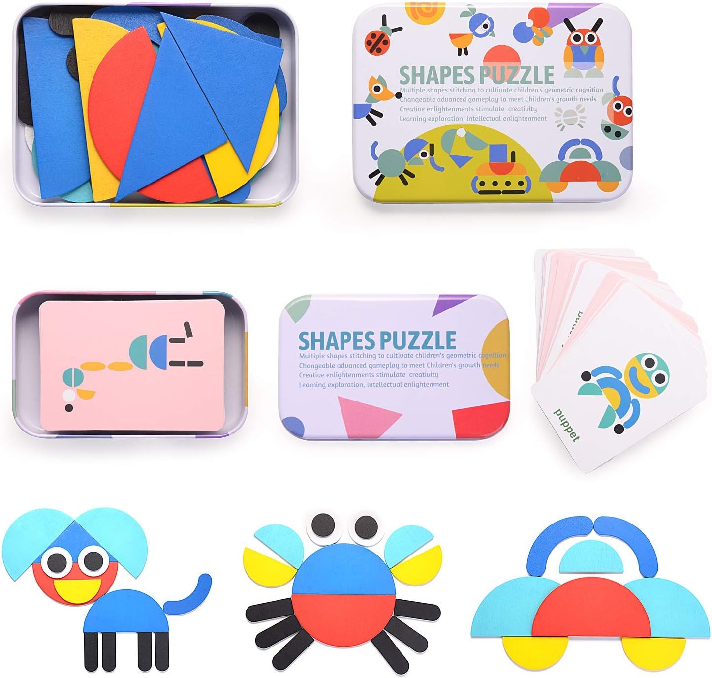HellDoler Tangram Madera,Bloques de Madera Montessori Juguetes 36 Montessori Forma Geométrica Bloques de Patrones y 60 Piezas Tarjetas de Diseño