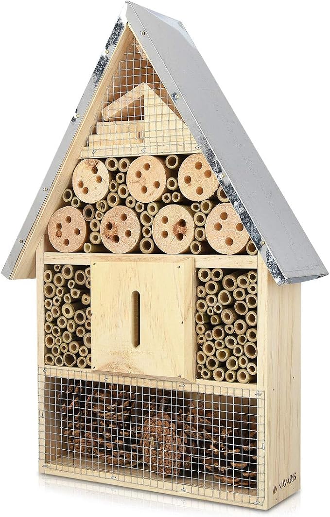 Hôtel à Insectes Bois Navaris XL 40x23x7 Cm - Cabane Refuge Abeilles Coccinelles Papillons - Toit Métal