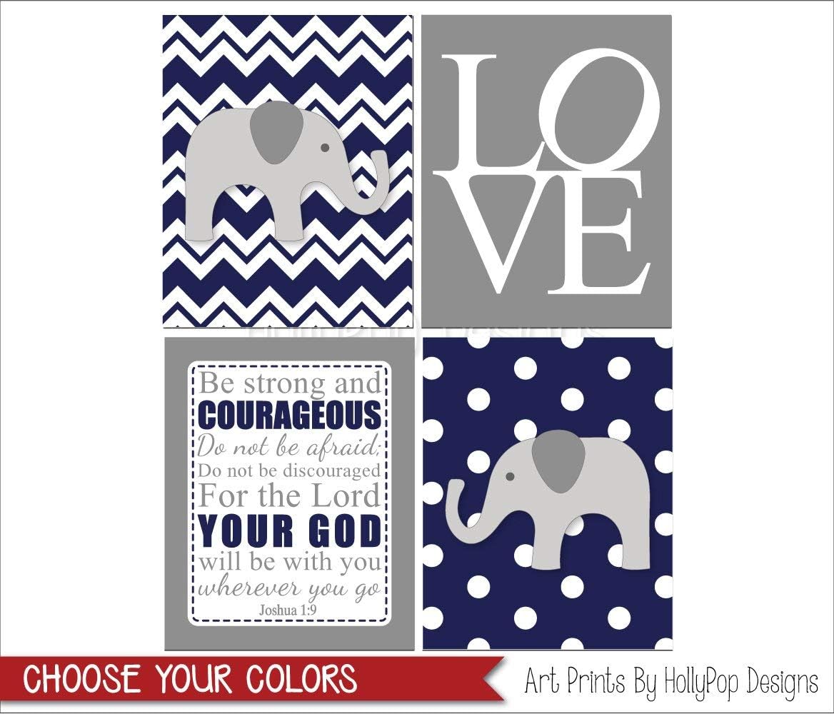 Navy nursery art, Christian boy nursery decor, Blue gray elephant wall art, Baby boy nursery print set, Baby elephant wall art - SET OF 4 UNFRAMED ART PRINTS #1580