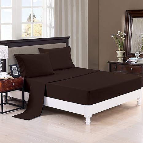 Trance Home Linen 100% Premium Cotton 400TC Plain Fitted Bed Sheet with 2 Pillow Covers - Chocolate Brown (Queen)