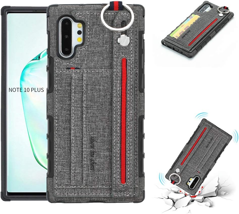 Galaxy Note 10 Plus Case,HuiFlying PU Leather Shockproof Wallet Case [Credit Card ID Holders] Adjustable Wrist Strap Hand Strap Stand Back Cover TPU for Samsung Galaxy Note 10+/Note 10+ 5G (Gray)