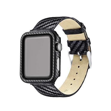 Carbon Fiber Genuine Leather Apple Watch Band 42MM Suit,High-Gloss,Twill Weave Finish,Ultra Thin Apple Watch Protective Case(PC) Compatible Apple ...