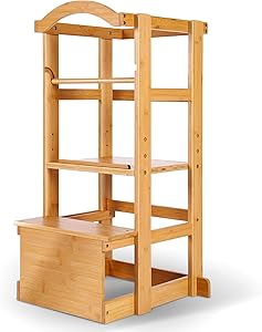 IPOW Learning Stool Toddler Tower, Adjustable Height Kids Step Stool - Bamboo Kitchen Bathroom Counter Helper Montessori Stool Learning Furniture Standing Baking Tower with Safety Rail