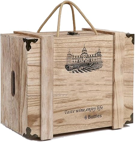 Hermoso Caja De Vino Retro Madera Seis Botellas Color Del Registro Con Cerradura De Metal Y