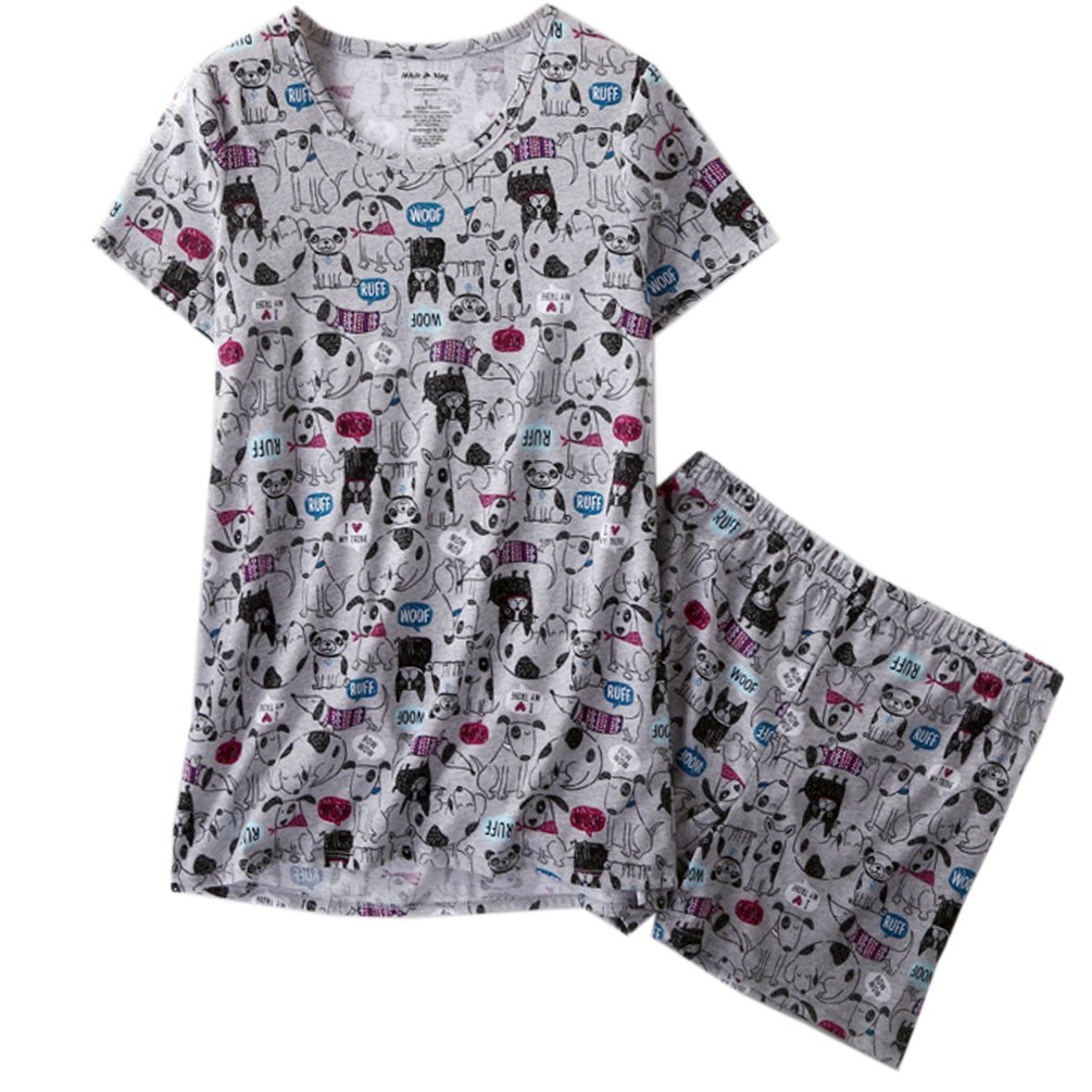 ENJOYNIGHT Women\'s Cute Sleepwear Print Tee and Shorts Pajama Set (Medium, Dog)