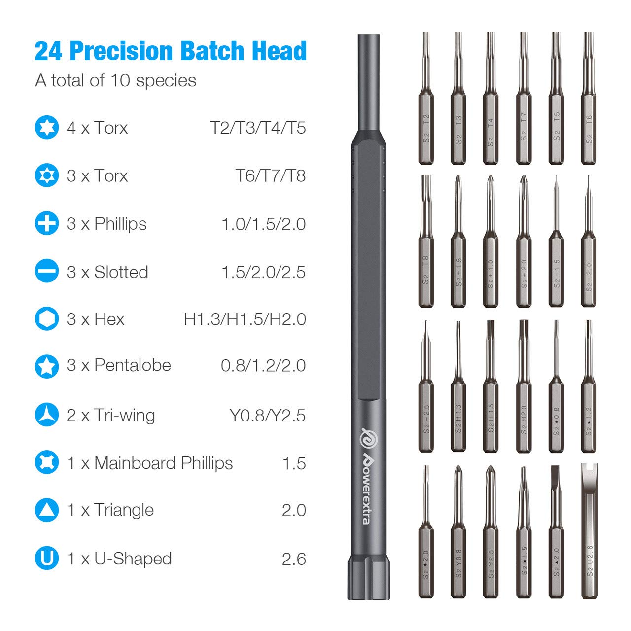 Powerextra Juego de Destornilladores de Precisión herramienta de Reparación de precisión magnética 24 en 1 con caja Reparación para teléfono inteligente Tableta PC Computadora portátil Gafas Relojes
