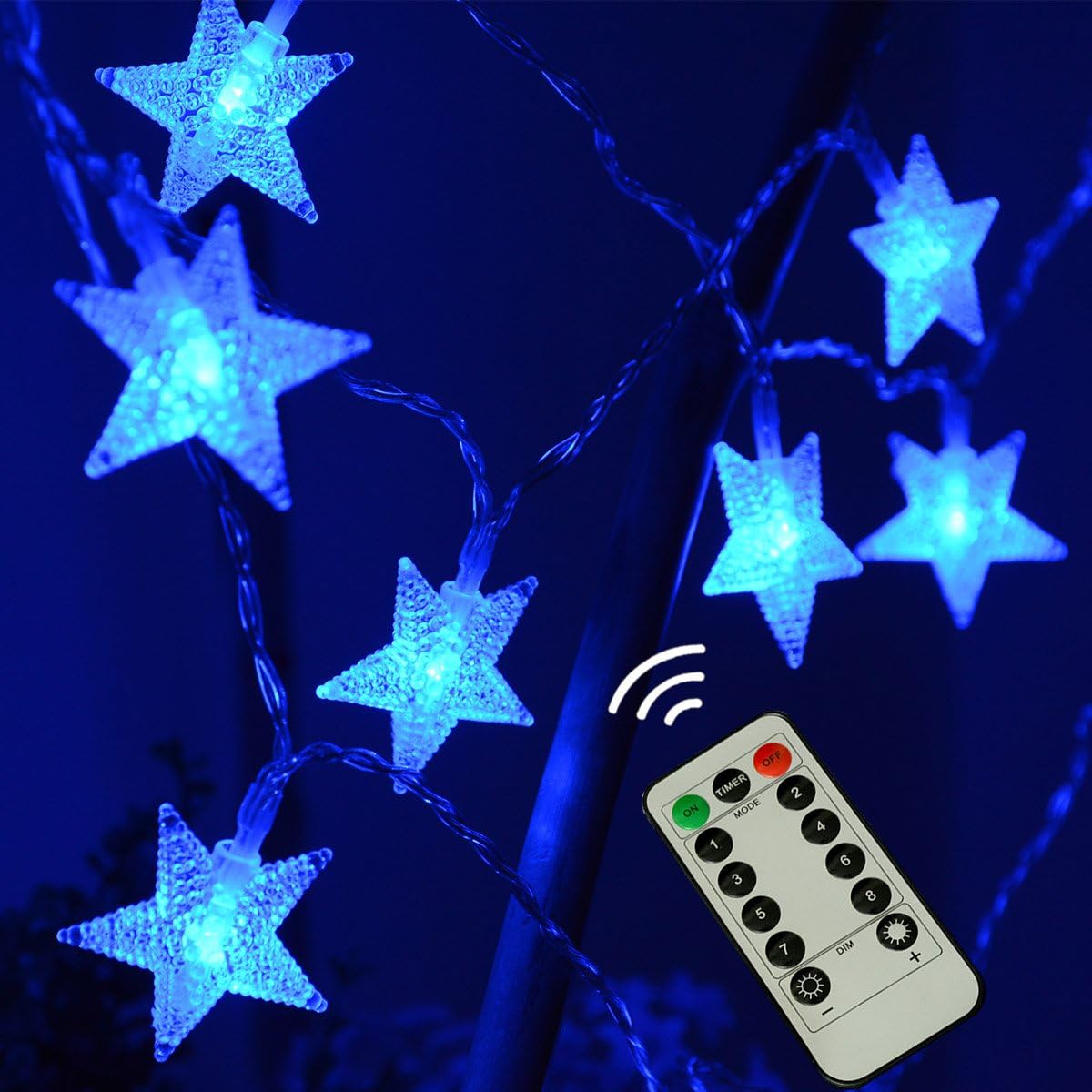 Abkshine 25ft 50 LED Battery Powered Blue Star String Lights, Waterproof LED Christmas Star Lights for Christmas, Bedroom, Wedding, Halloween, Party, Blue