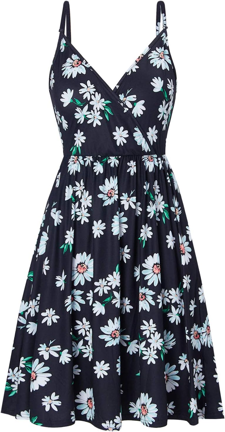 Spreadhoodie Women Sleeveless Beach Dress Summer Cross V Neck Adjustable Spaghetti Straps Bohemia Floral Flared Swing Dress Beach Sundress with Pockets S-XL