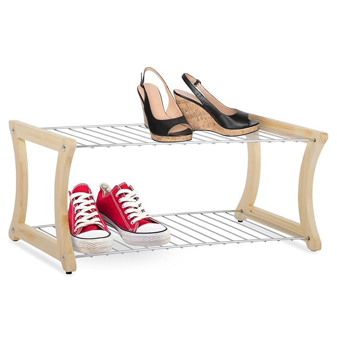 casa pura® Schuhregal Fiona | Massivholz und verchromter Stahl | Standsicherheit auch für kleinere Schuhe | 58 x 32 x 25 cm