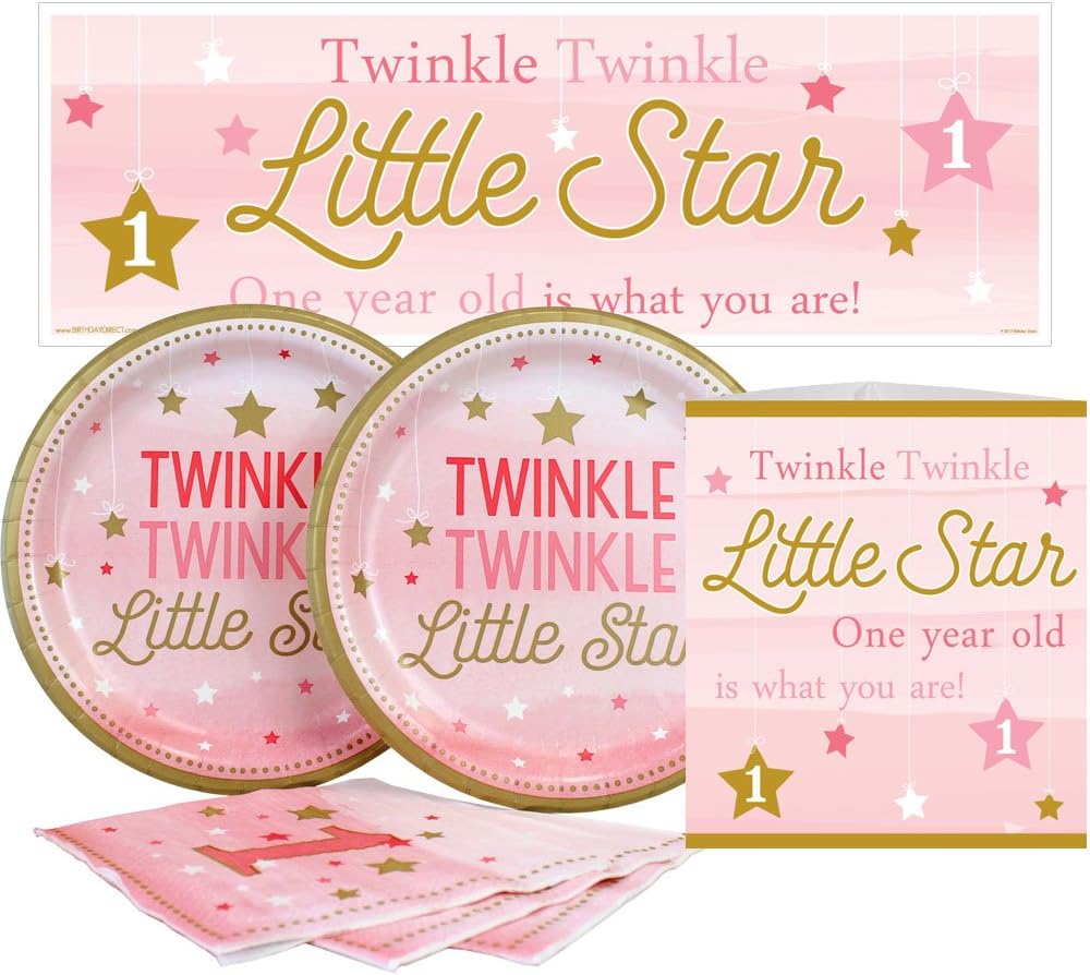 Birthday Direct Twinkle Twinkle Little Star Girl 1st Birthday Value Party Kit for Up to 16 Guests Includes Plates, Napkins, Banners, and Decorations - 37 Pieces - Pink, Gold Party Supplies