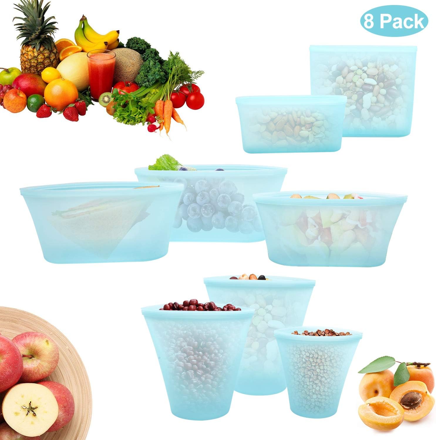 8Pcs Reusable Silicone Food Storage Bag, Zip Lock Top Leakproof Containers Stand Up Stay Open Zip Shut Portable Convenient Snack Fruit Dish Bag Cup, Microwave Oven & Freezer Bags - Complete Set Blue
