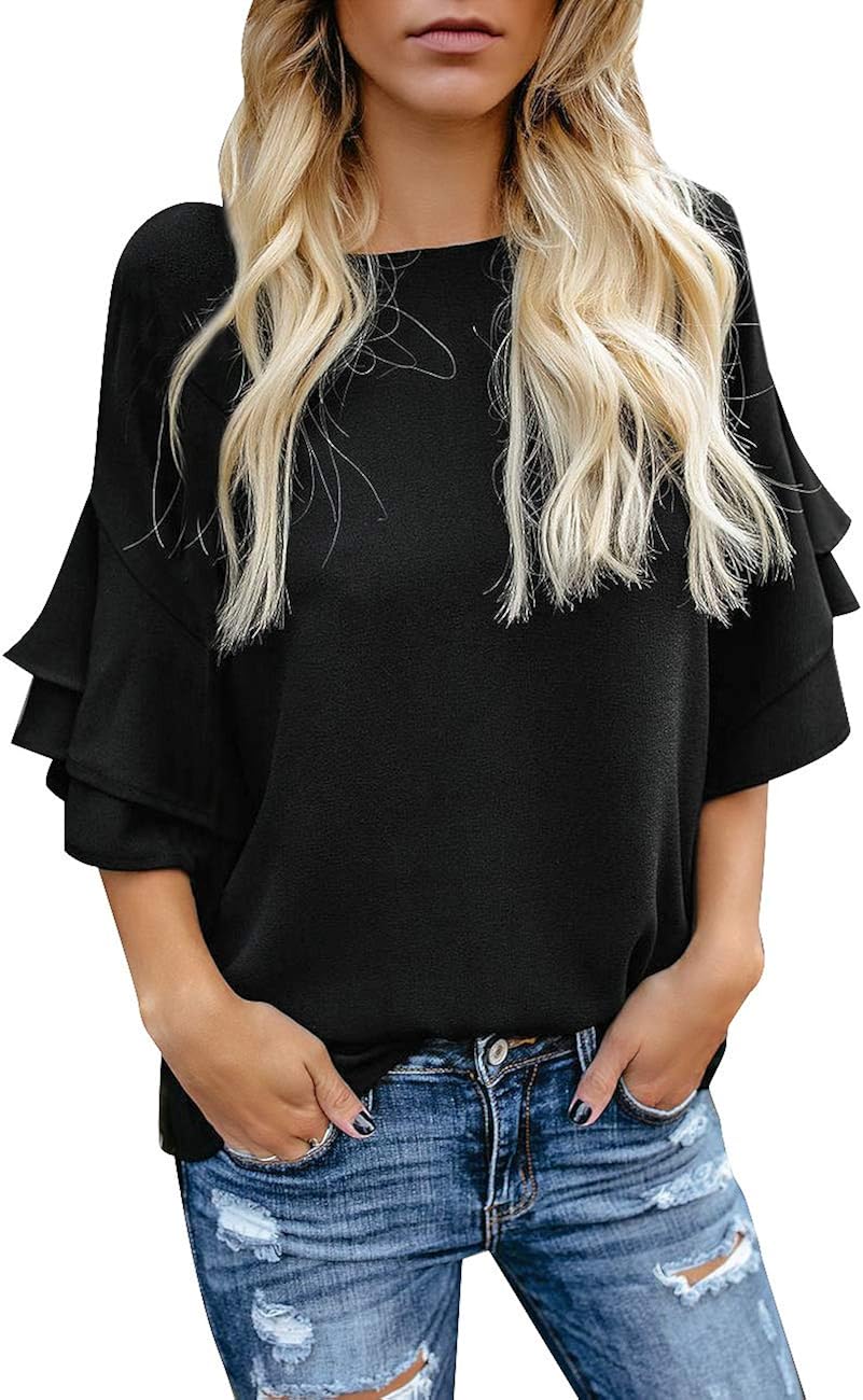luvamia Women's Casual 3/4 Tiered Bell Sleeve Crewneck Loose Tops Blouses Shirt at  Women’s Clothing store