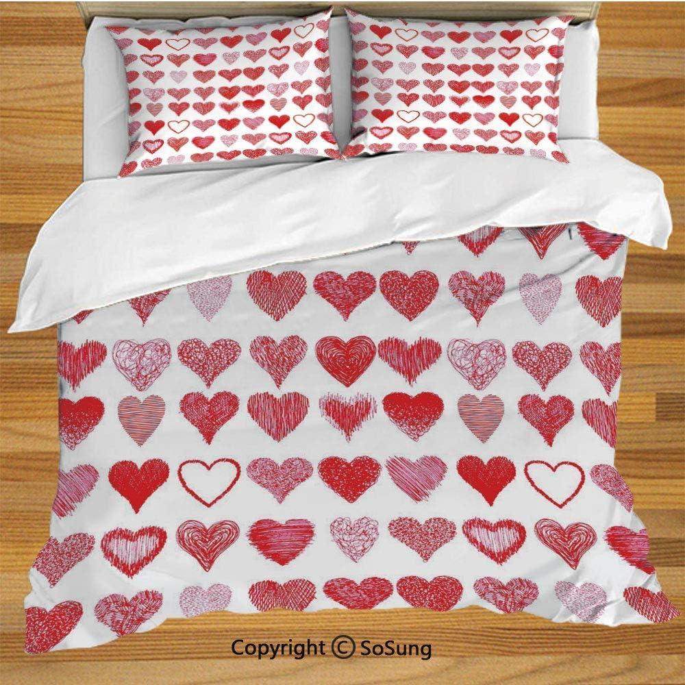 Valentines Day Bedding Duvet Cover Set,Hearts Collection Symbols of