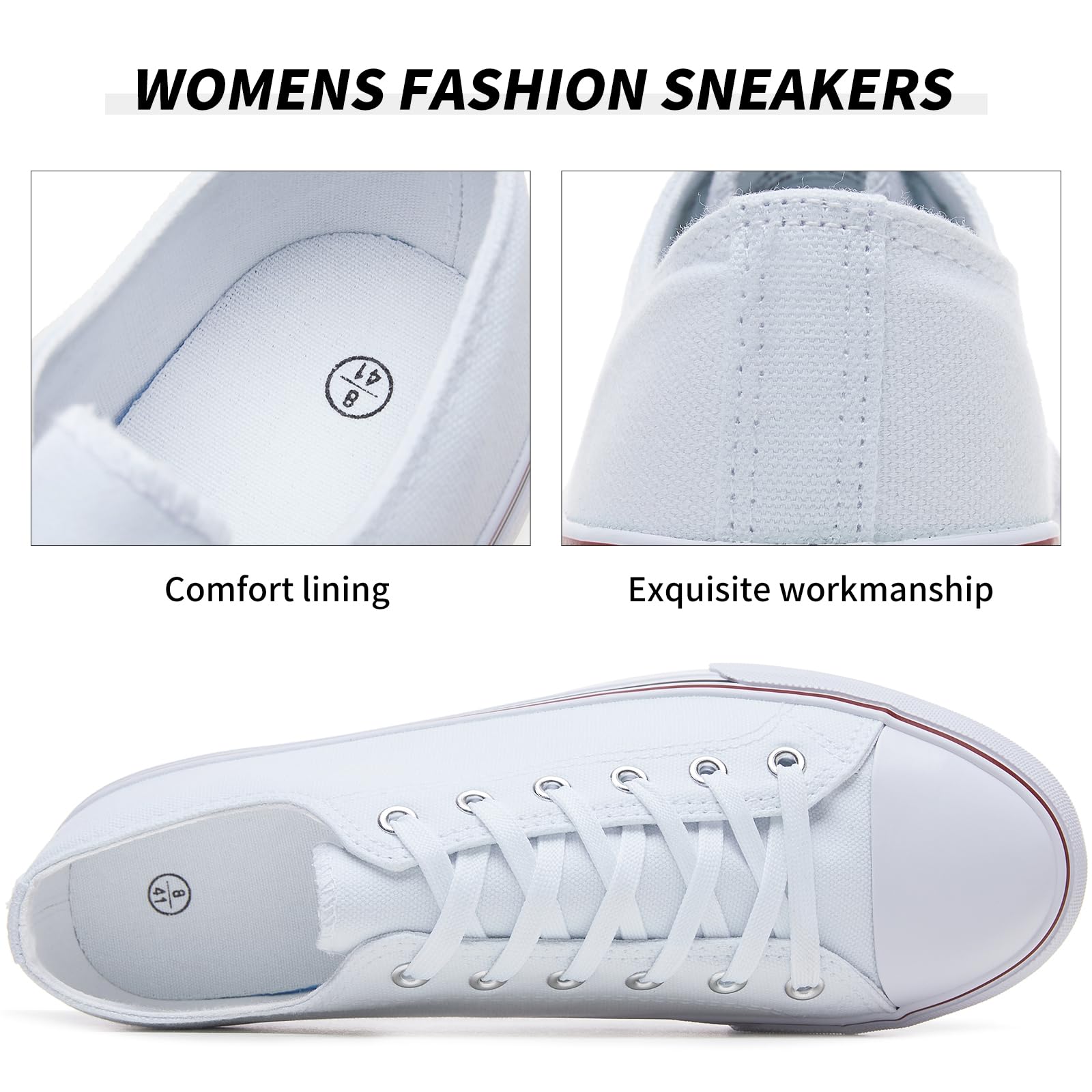 FRACORA Womens White Canvas Sneakers Low Top Lace Up Canvas Shoes Fashion Comfortable