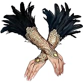 L'VOW 2Pcs Gothic Black Lace Feather Long Gloves for Women Halloween Witch Costume Swan Wristband Cuff