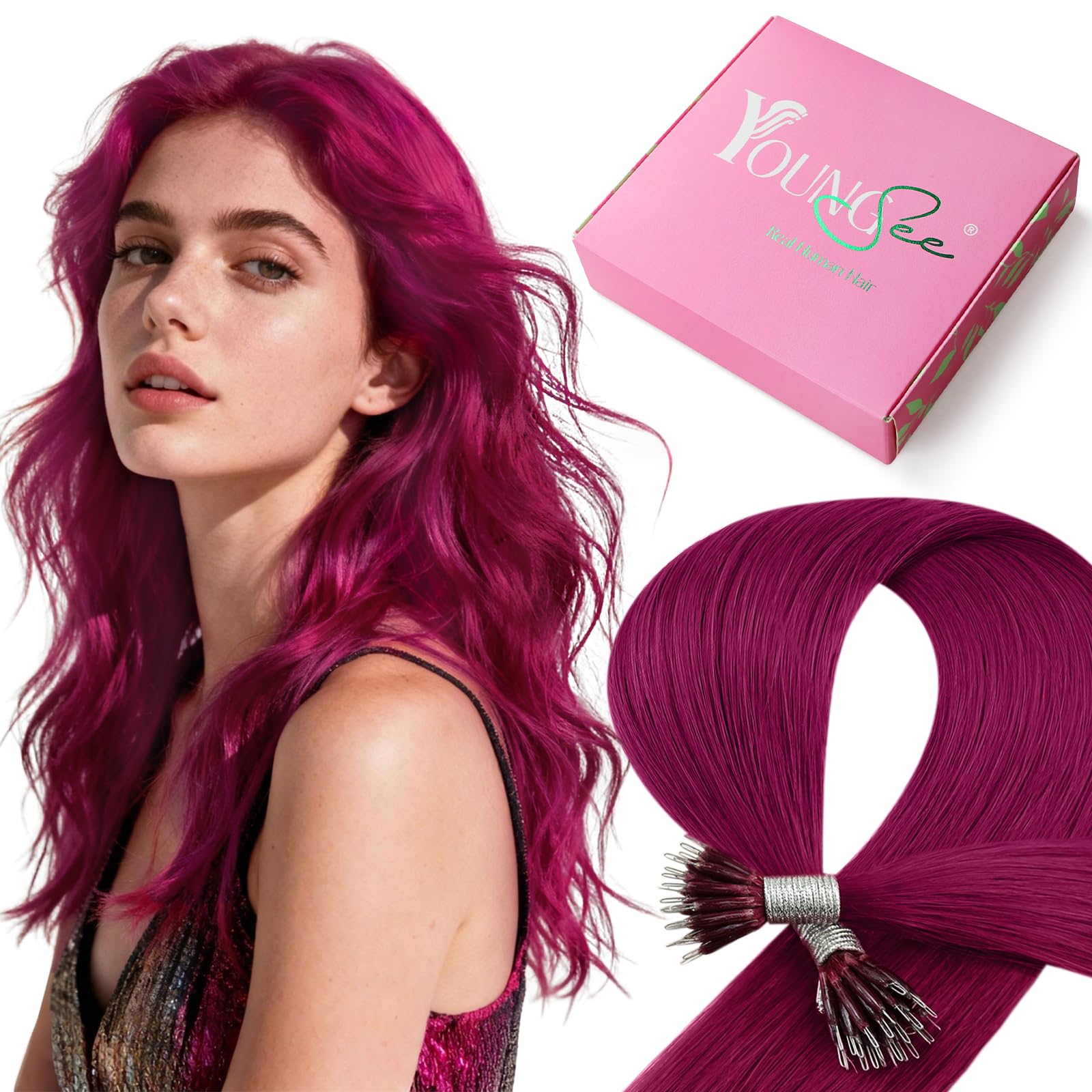 YoungSee Nano Hair Extensions Magenta 22inch Nano Beads Hair Extensions Burgundy Human Hair Nano Ring Extensions Pink for Party Cold Fusion Long Straight Silky Soft 25s 25g — image 1