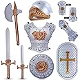 Medieval Knight in Shining Armor, Kids Crusader Pretend Role Play Plastic Costume Dress Up Cosplay with Toy Swords, Axe, Shield, Weapons & Accessories Playset