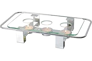 NEWLINE NY NewlineNY Chrome Plated Glass Dish Warmer, Rectangular Glass-Top 3 Holes Tea Light Votive Candle Gourmet Food Warmer