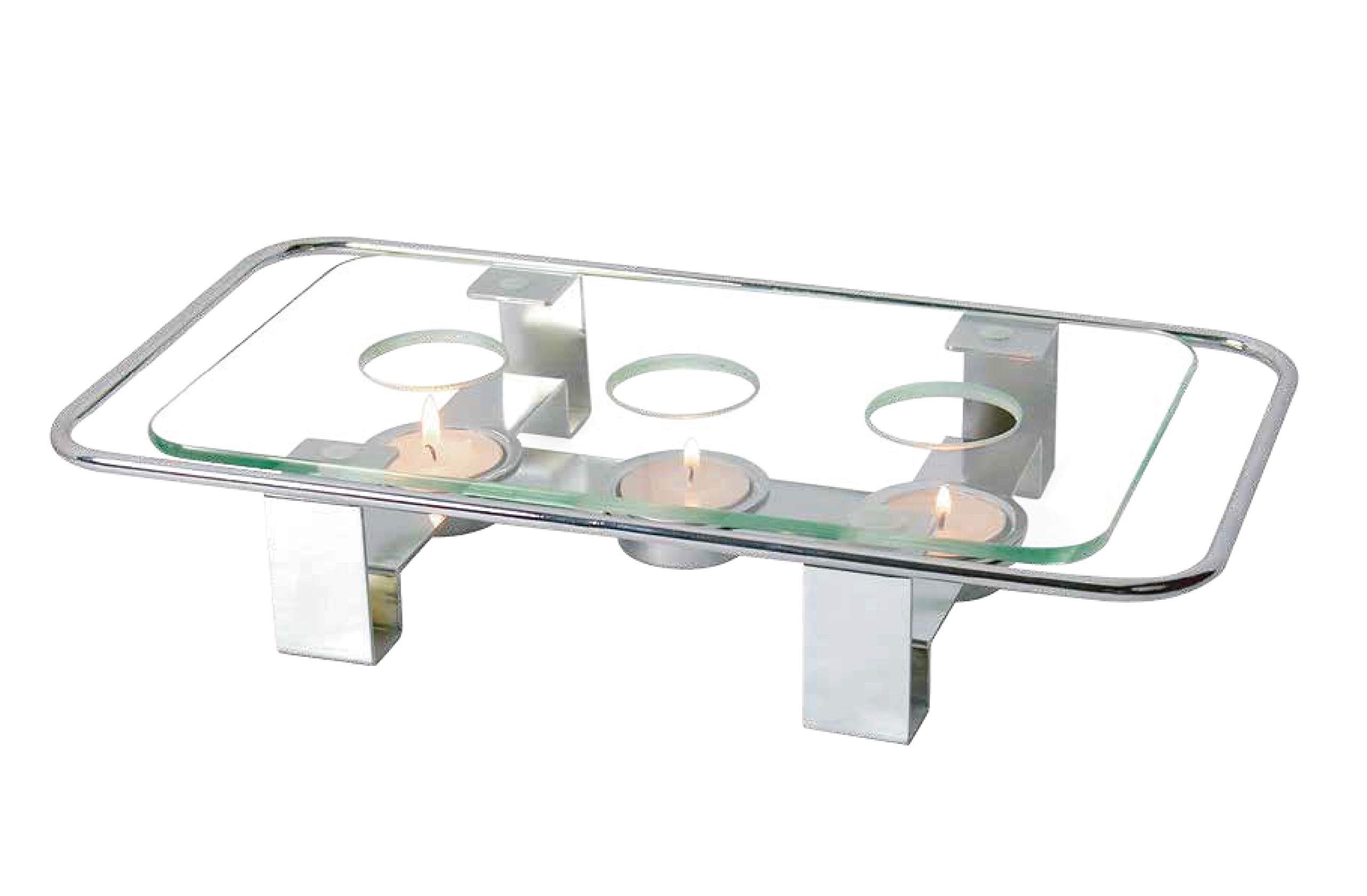 NewlineNY Chrome Plated Glass Dish Warmer, Rectangular Glass Top 3 Holes Tea Coffee Light Votive Candle Gourmet Desktop Food Warmer