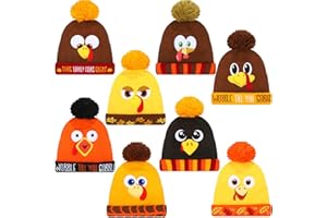 Crowye 8 Pcs/12 Pcs Turkey Pom Pom Beanie Hat Thanksgiving Funny Beanie Turkey Hat Knitted Cap for Kids Adults Men Women