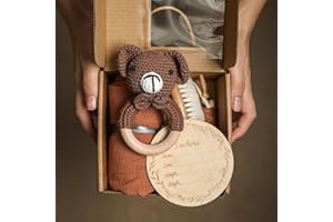 WOODEN TEETHER Baby Gift Set for Newborn, Baby Shower Gifts for Girls & Boys - 6 PCS Newborn Baby Essentials Baby Bath Set with Baby Blanket Baby Rattle - New Born Baby Girls Gift & Baby Boy Gifts (Bear-1)