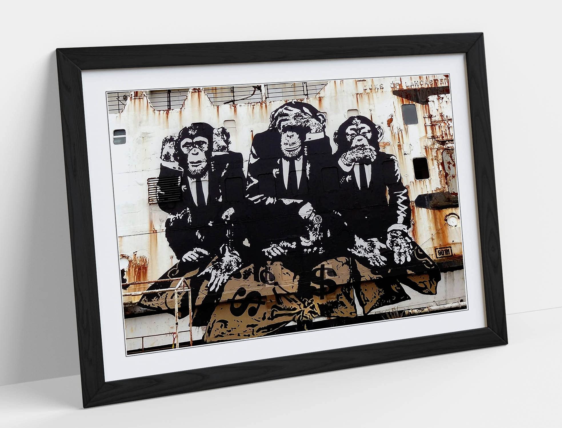 CanvasArtShop BANKSY THREE WISE MONKEYS- PREMIUM WALL ART FRAMED PICTURE PRINTS - 3 COLOURS - 4 SIZES (BLACK, A3)