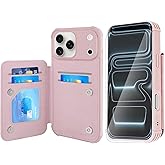 VANAVAGY Compatible for iPhone 17 Pro Max Wallet Case with RFID Blocking Card Holder, [Screen Protector] PU Leather Kickstand Card Slots Magnetic Clasp Shockproof Case for Women Men,Chalk Pink