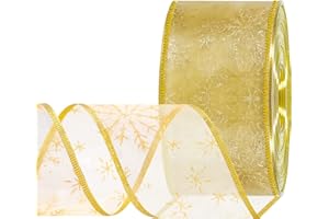 CERETIA Gold Wired Christmas Ribbon - Snowflake Sheer Glitter Ribbon for Christmas Tree, Gift Wrapping, Christmas Decorations - 2.5 inch x 50 Yards