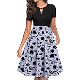 YATHON Women's Vintage Floral Flared Swing Casual Party Dresses with Pockets(YT018-Black Purple F P2,L)