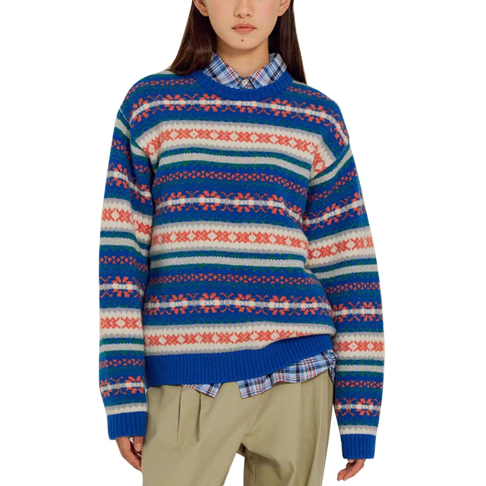Women Y2K Argyle Striped Pullover Sweater Casual