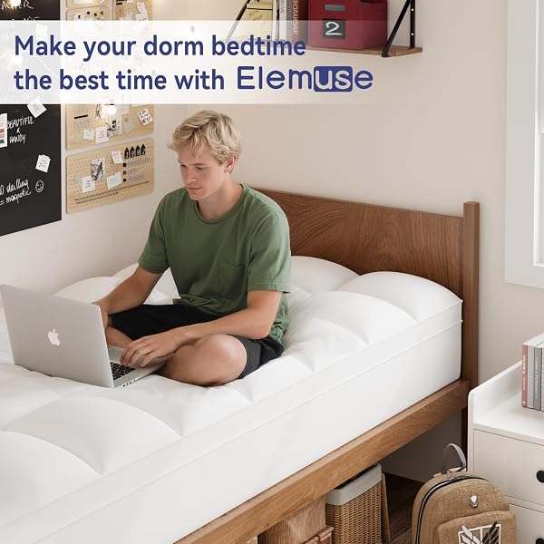 ELEMUSE TWIN XL MATTRESS TOPPER FOR COLLEGE DORM ROOM ESSENTIALS, THICK EXTRA LONG TWIN MATTRESS PAD FOR BACK PAIN RELIEF, PLUSH PILLOWTOP WITH ELASTIC DEEP POCKET, OVERFILLED DOWN ALTERNATIVE FILLING