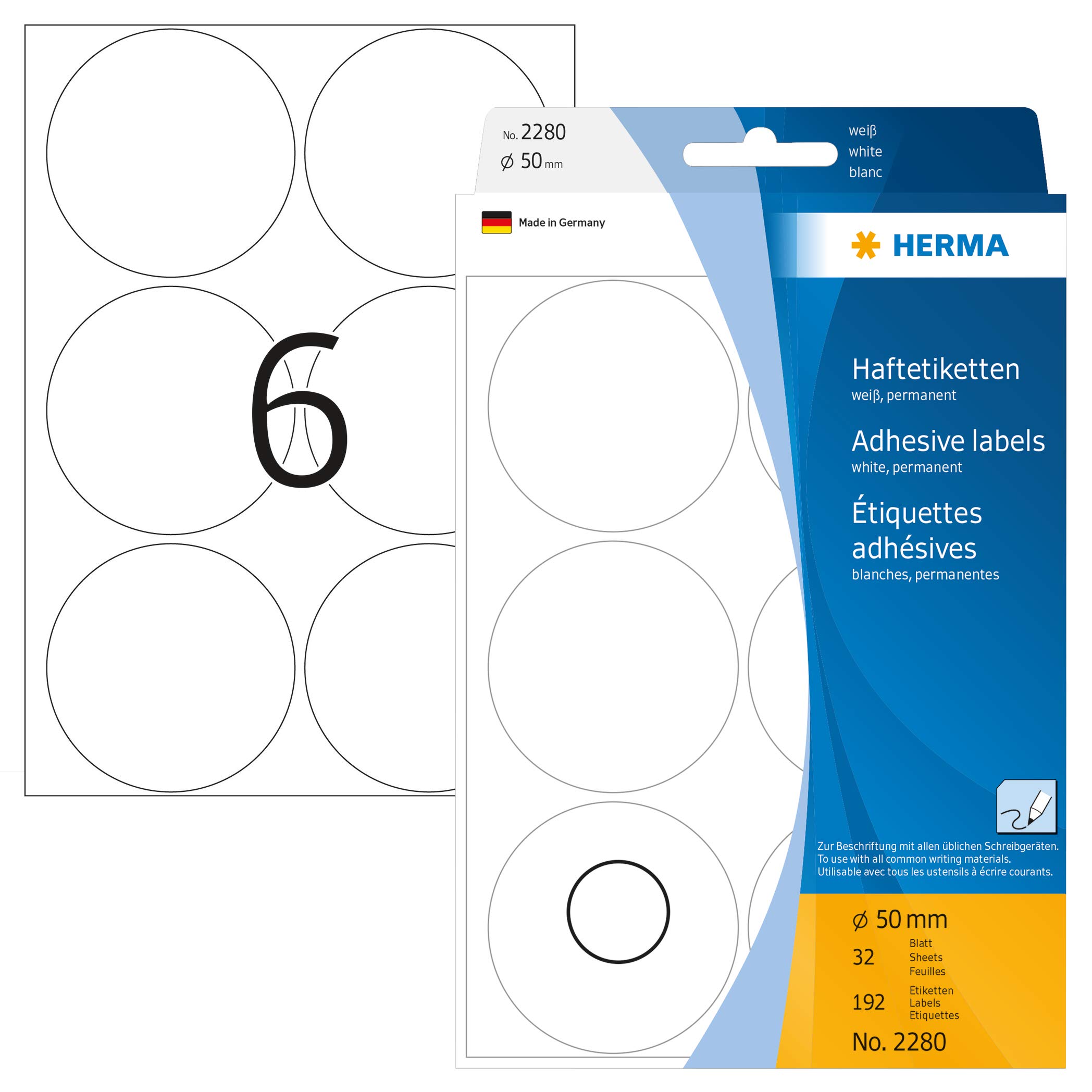 HERMA Dot Stickers White, 192 Labels, Ø 50 mm, 6 Labels per Sheet, Self-Adhesive Round Marking Dots, Sticky Circle Stickers for Color Coding Calendar