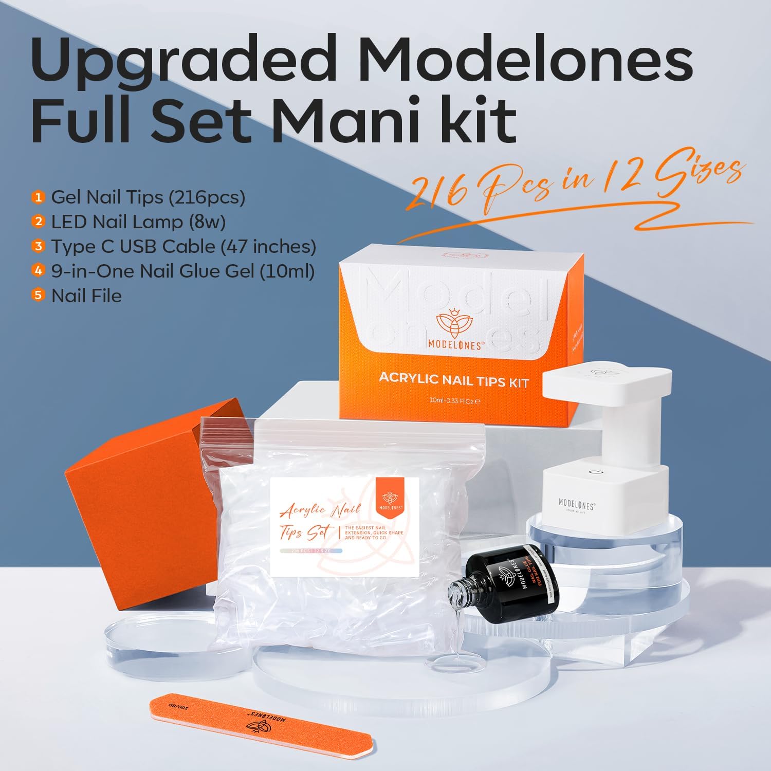 Modelones Gel X Nail Kit - Medium Almond Gel Nails & 216pcs Press On Acrylic Tips - 9-in-1 Glue & UV Lamp - Image 6