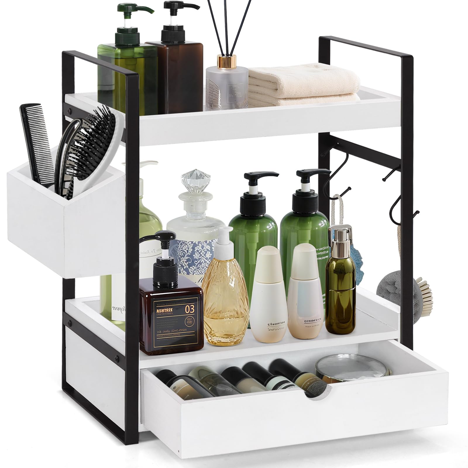Photo 1 of 2-Tier Bathroom Organizer Countertop with Drawer and Basket, Wooden Countertop Organizer for Storage, Bathroom Vanity Tray for Organization and Decor, Counter Shelf for Bathroom, Kitchen, Office