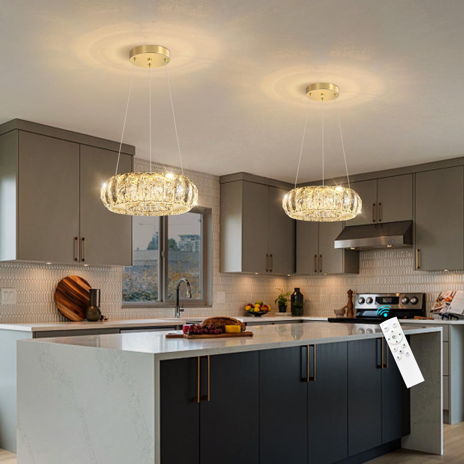 Photo 1 of HAIXIANG LED Ring Chandelier Modern Pendant Lights for Kitchen Island Dining Room Remote Dimmable Hanging Light Entryway Bedroom Crystal Lighting Gold Chandeliers